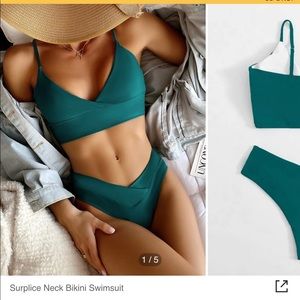 Surplice Neck Bikini Swimsuit Dark Green Size L